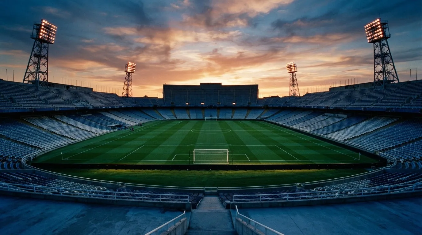 Un estadio de fútbol vacío con torres de iluminación al atardecer