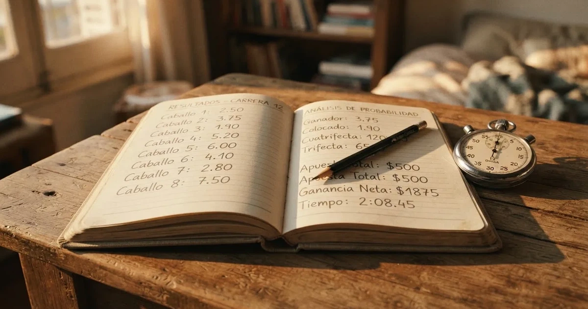 Un cuaderno abierto con un lápiz y un cronómetro sobre una mesa de madera