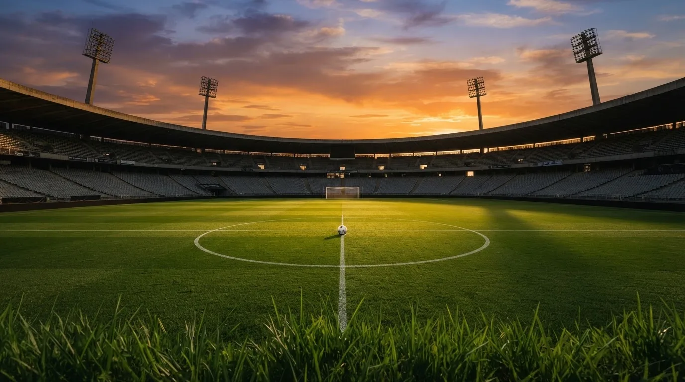 Un estadio de fútbol vacío con torres de iluminación al atardecer