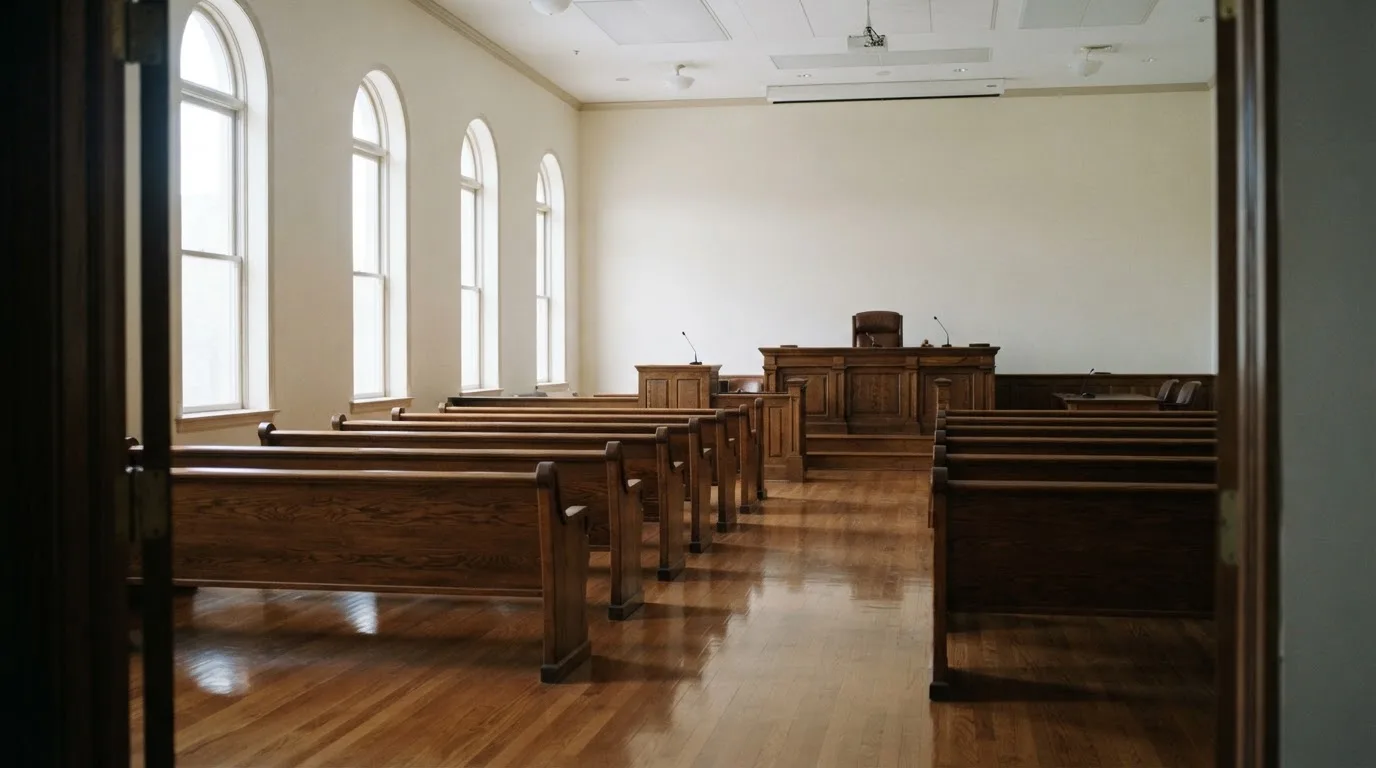 Una sala de tribunal vacía con bancos de madera a la luz de la mañana