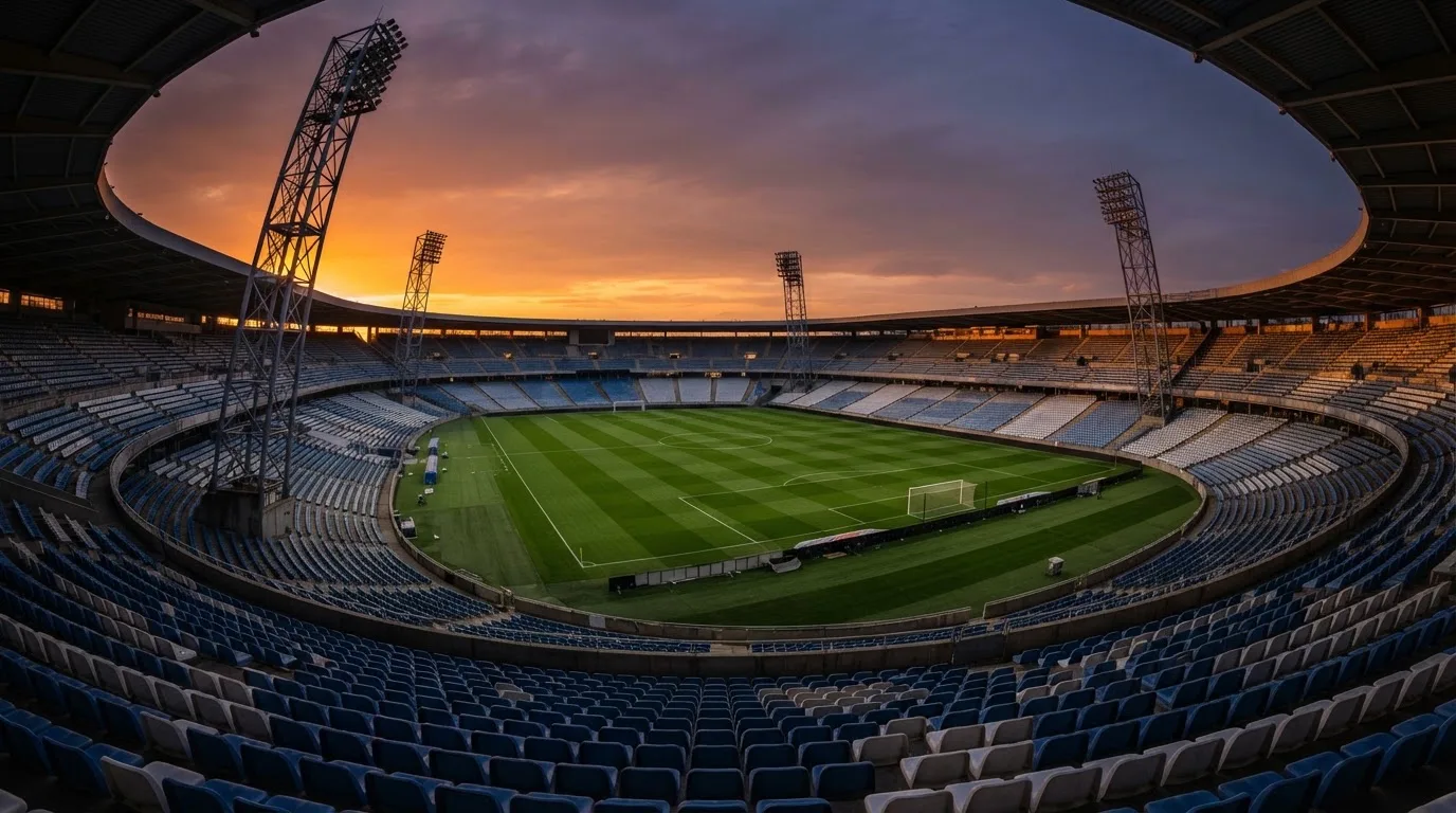 Un estadio de fútbol vacío con torres de iluminación al atardecer