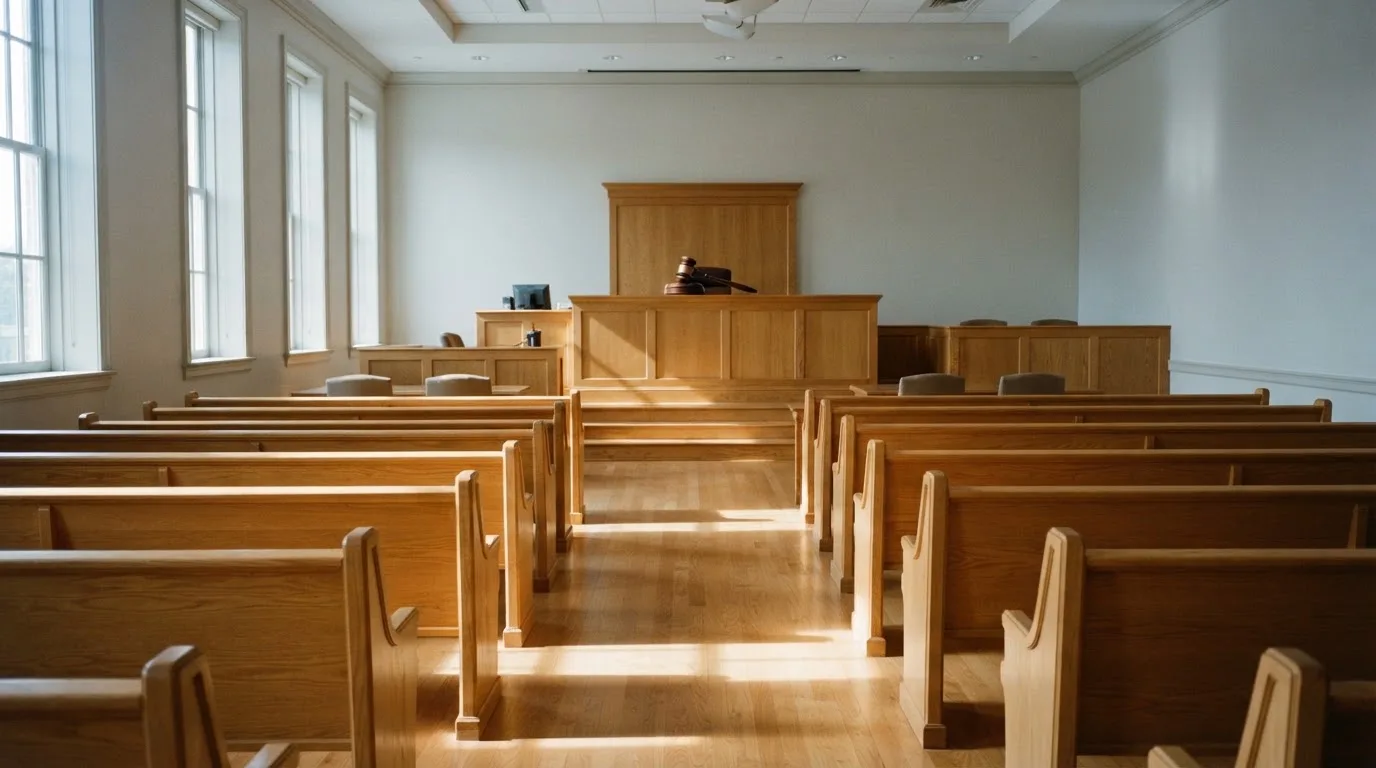 Una sala de tribunal vacía con bancos de madera a la luz de la mañana