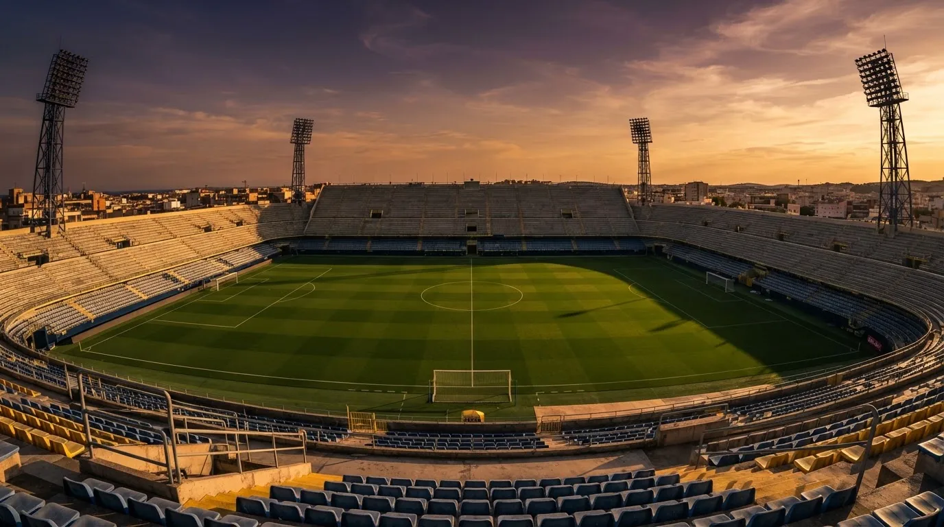 Un estadio de fútbol vacío con torres de iluminación al atardecer