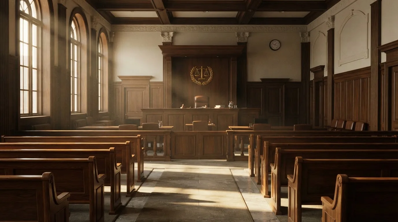 Una sala de tribunal vacía con bancos de madera a la luz de la mañana