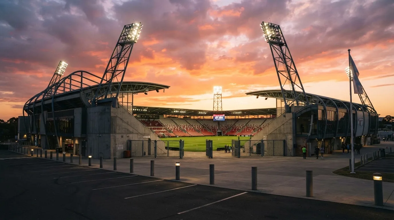 Un estadio de fútbol vacío con torres de iluminación al atardecer