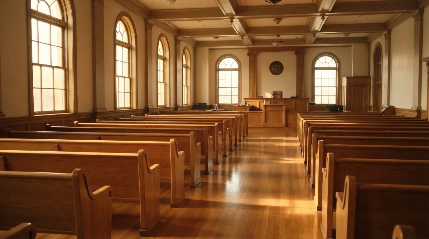 Una sala de tribunal vacía con bancos de madera a la luz de la mañana