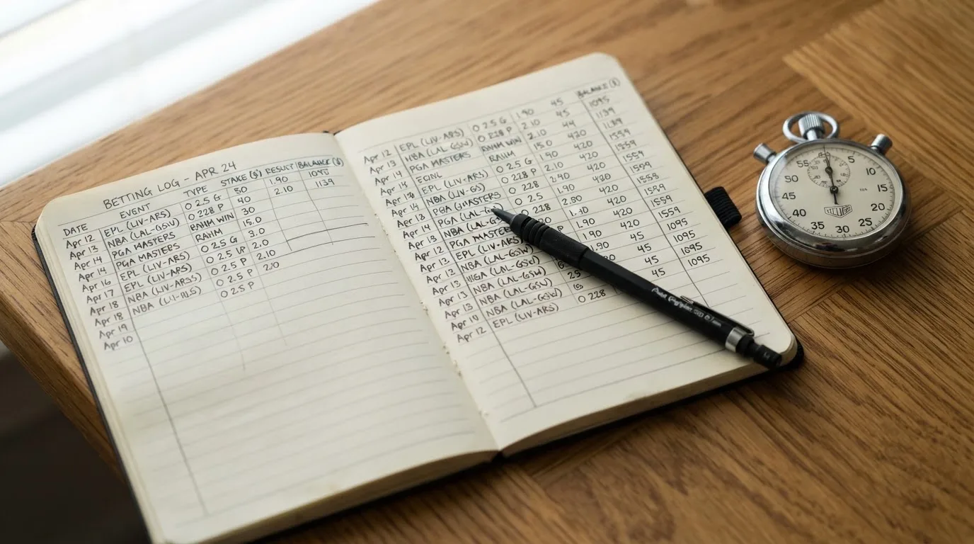 Un cuaderno abierto con un lápiz y un cronómetro sobre una mesa de madera
