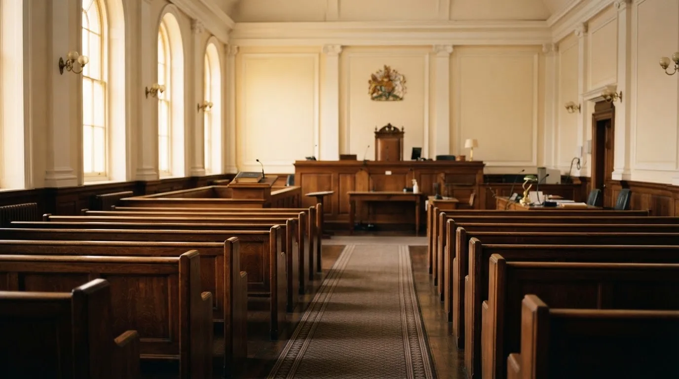 Una sala de tribunal vacía con bancos de madera a la luz de la mañana