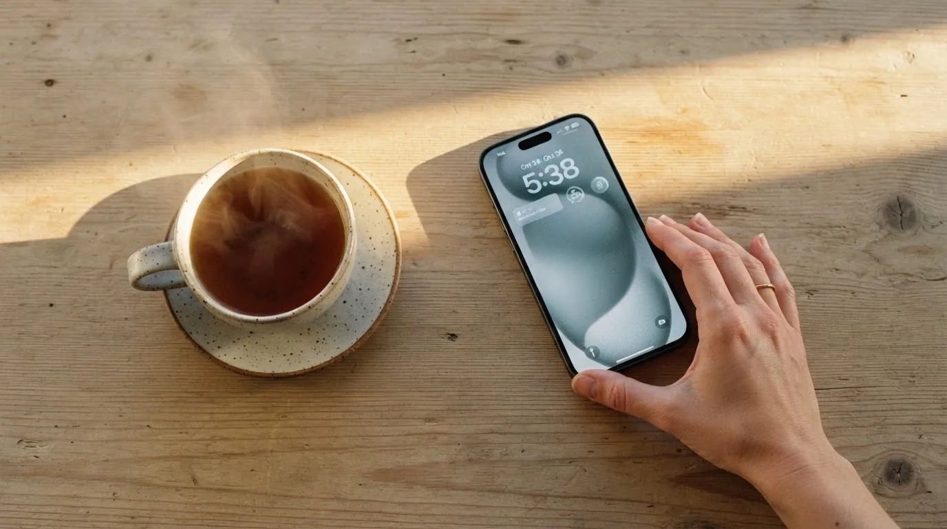 Una mano deja un móvil junto a una taza de té sobre la mesa de la cocina, una tarde tranquila