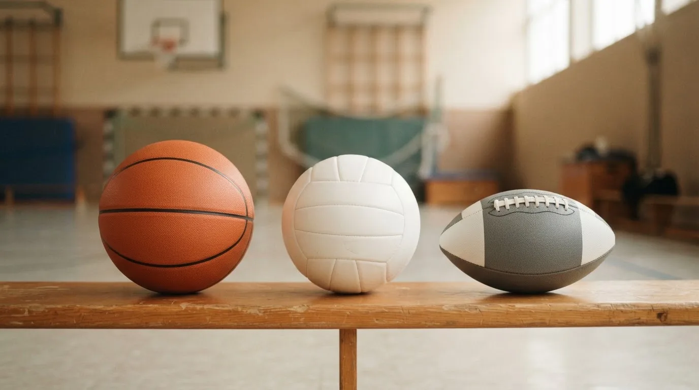 Tres balones de distintos tipos, uno junto a otro, sobre un banco de madera