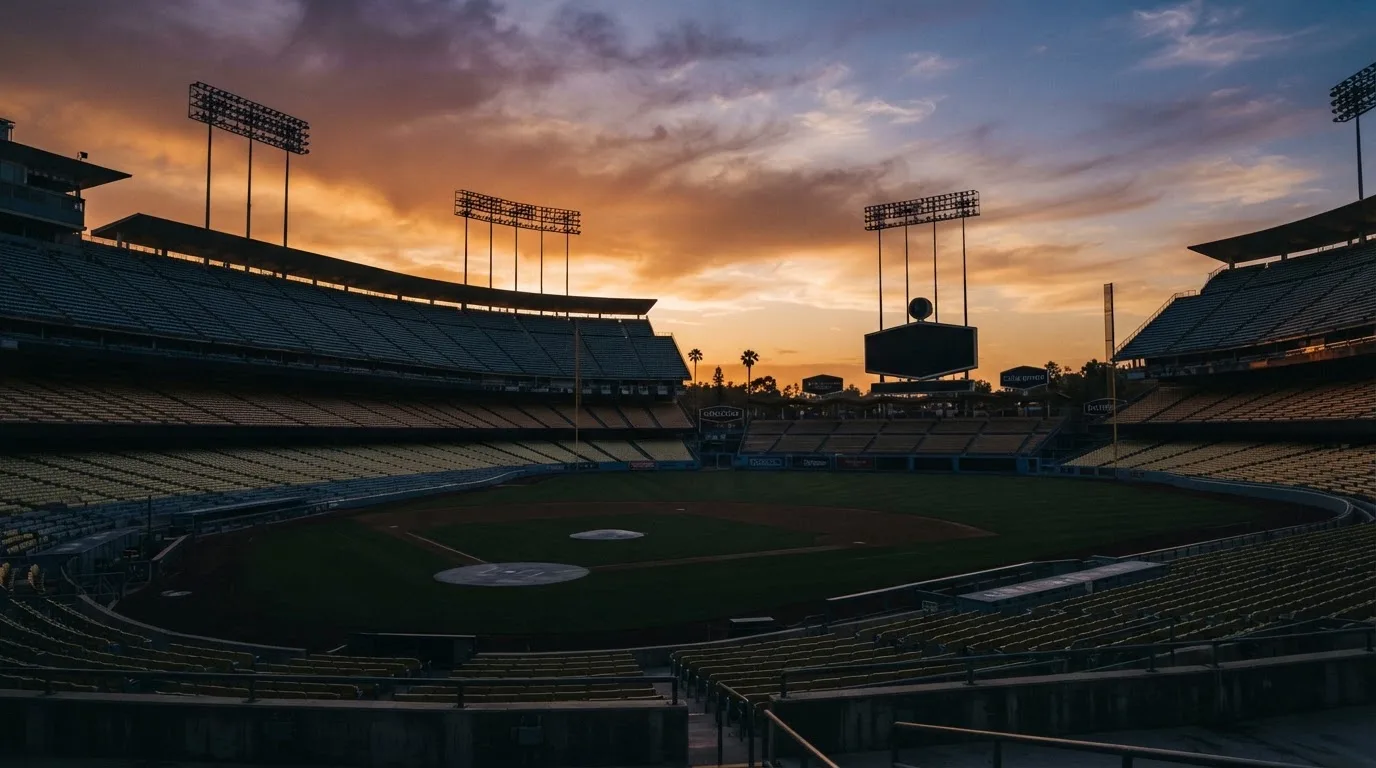 Un estadio de fútbol vacío con torres de iluminación al atardecer