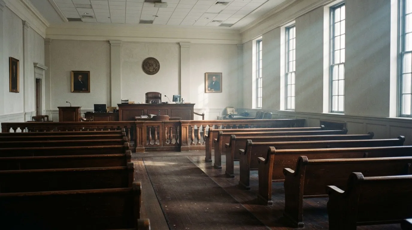 Una sala de tribunal vacía con bancos de madera a la luz de la mañana