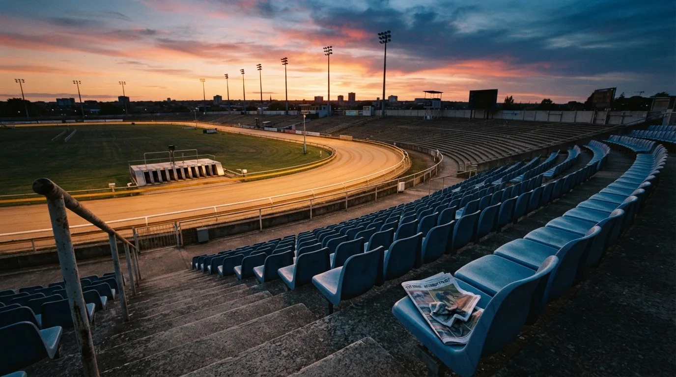 Un estadio de fútbol vacío con torres de iluminación al atardecer