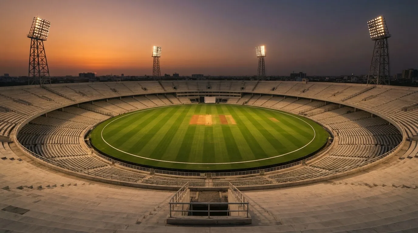 Un estadio de fútbol vacío con torres de iluminación al atardecer