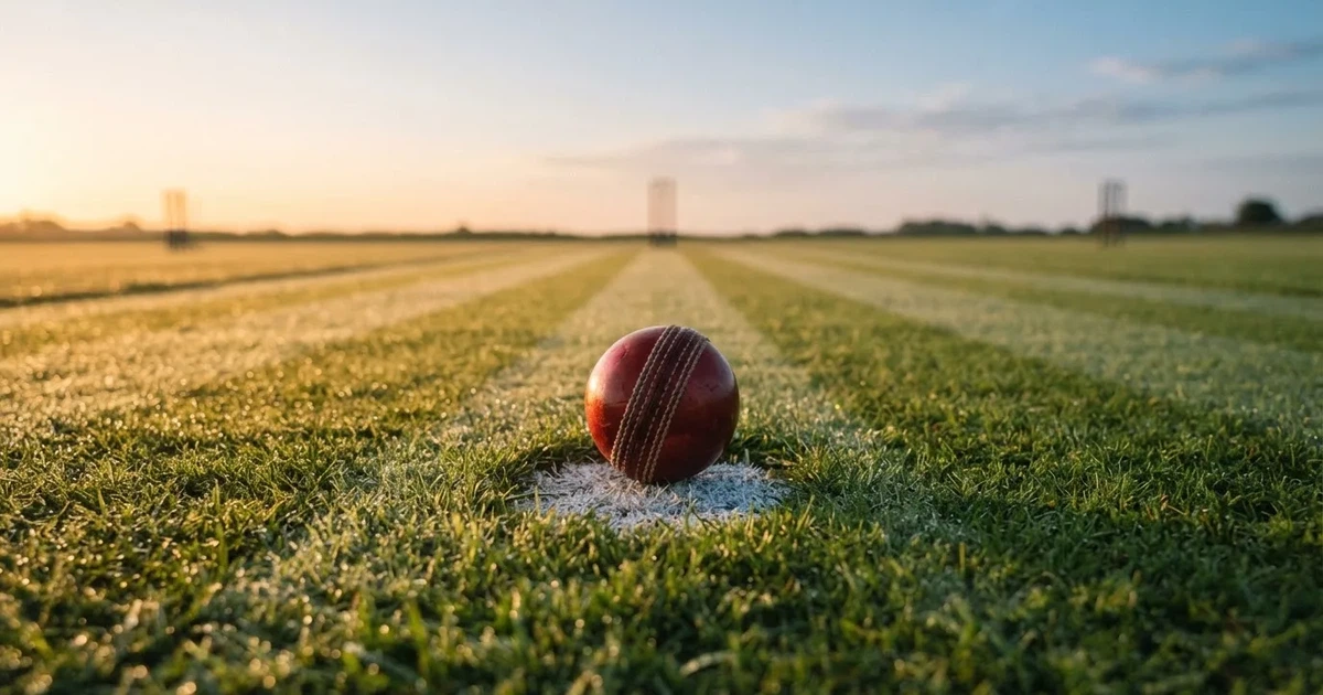 Un balón en el punto central de un campo de césped a la luz de la mañana