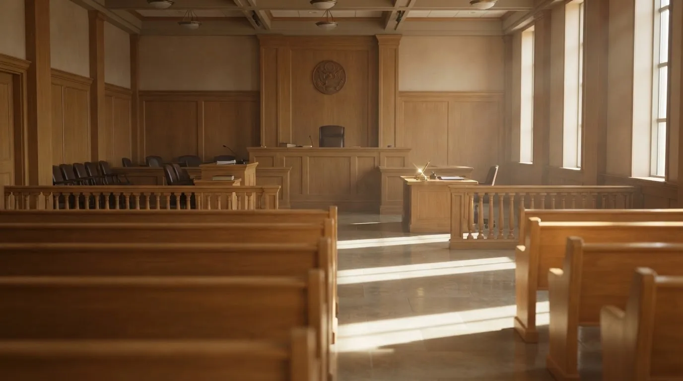 Una sala de tribunal vacía con bancos de madera a la luz de la mañana