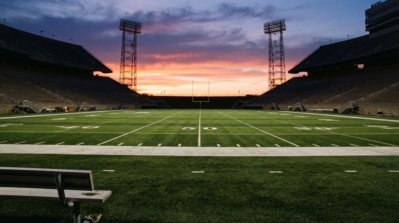 Un estadio de fútbol vacío con torres de iluminación al atardecer