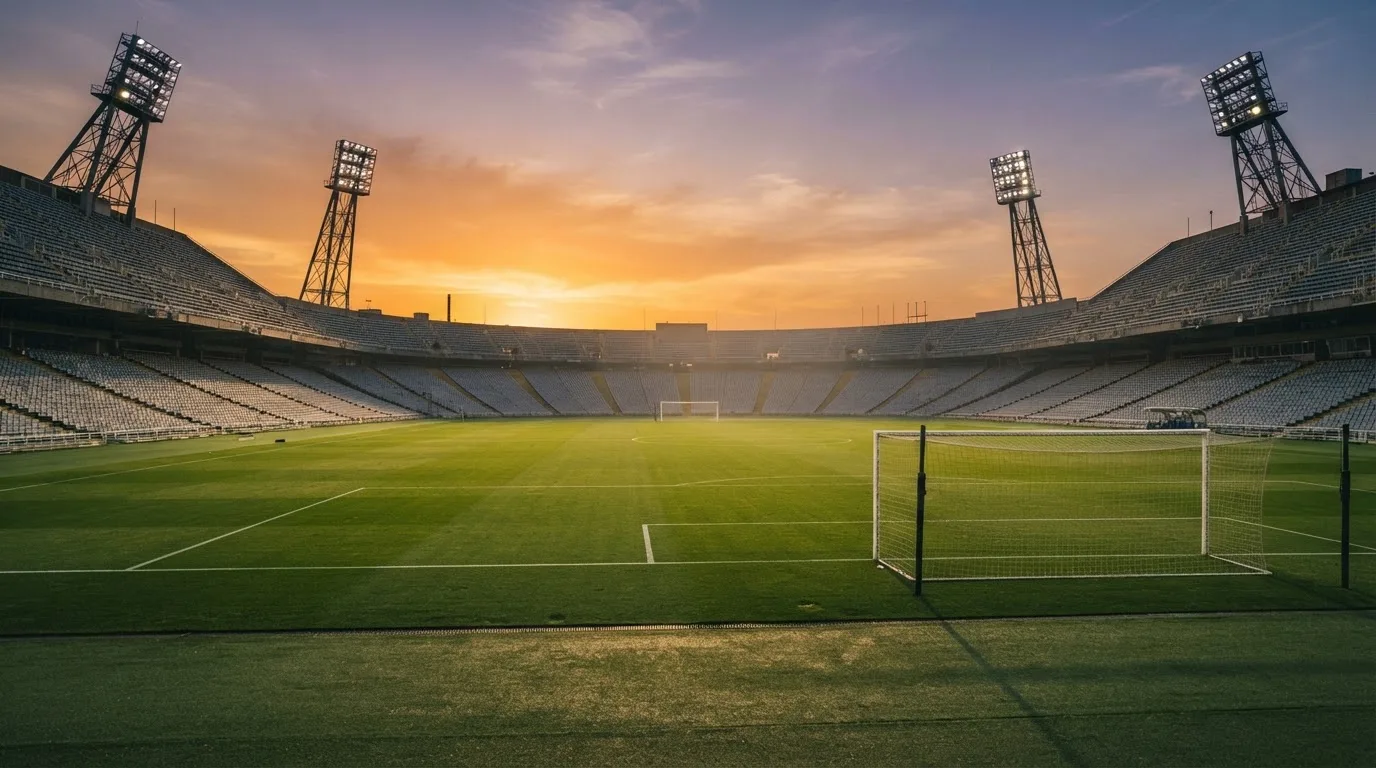 Un estadio de fútbol vacío con torres de iluminación al atardecer