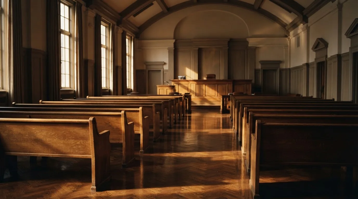 Una sala de tribunal vacía con bancos de madera a la luz de la mañana