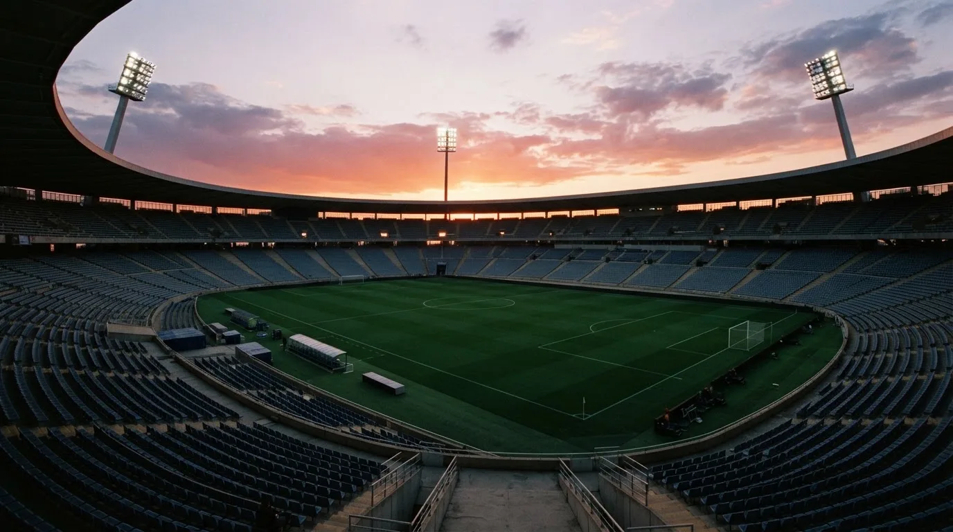 Un estadio de fútbol vacío con torres de iluminación al atardecer