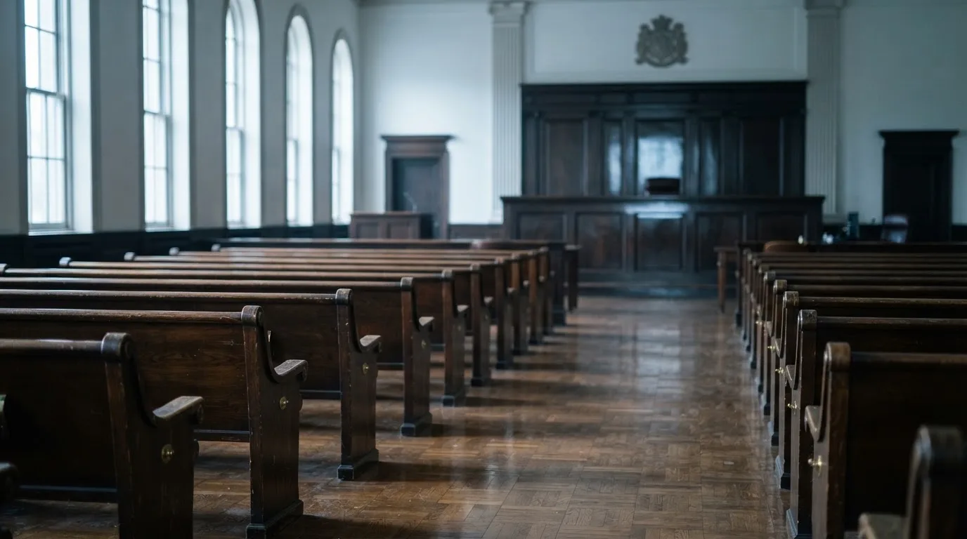 Una sala de tribunal vacía con bancos de madera a la luz de la mañana