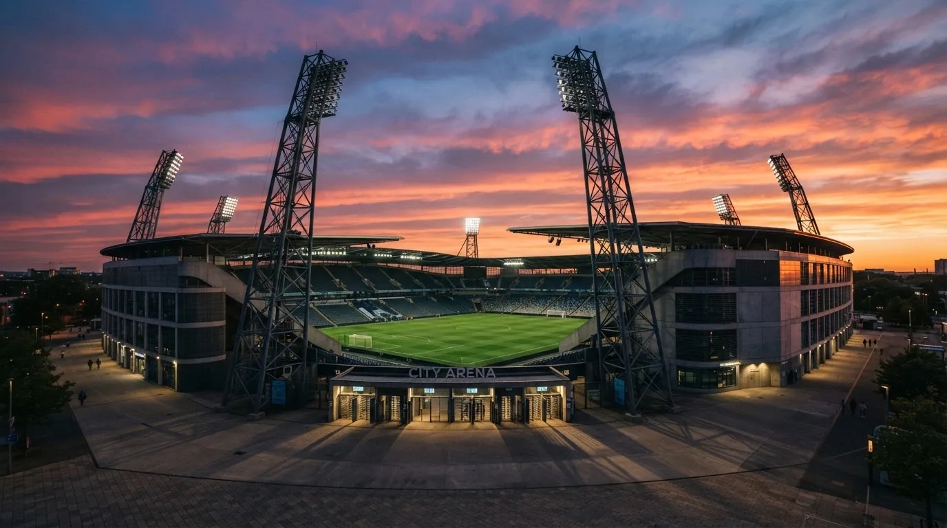 Un estadio de fútbol vacío con torres de iluminación al atardecer