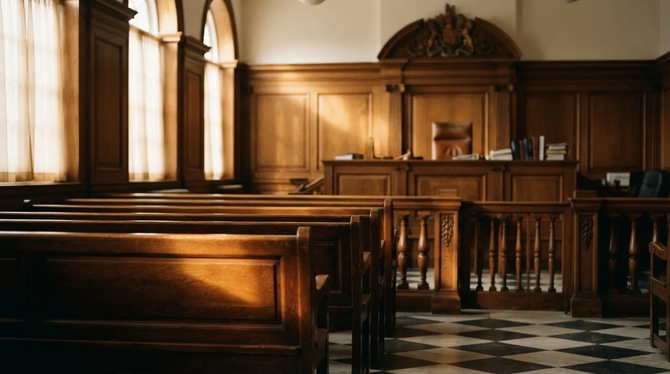 Una sala de tribunal vacía con bancos de madera a la luz de la mañana