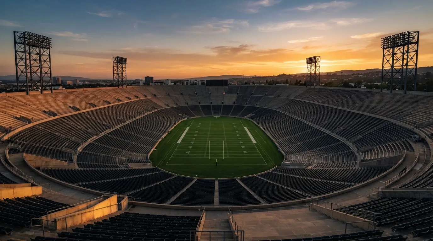 Un estadio de fútbol vacío con torres de iluminación al atardecer