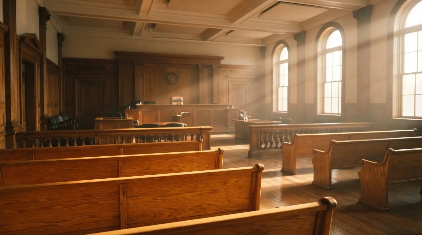 Una sala de tribunal vacía con bancos de madera a la luz de la mañana