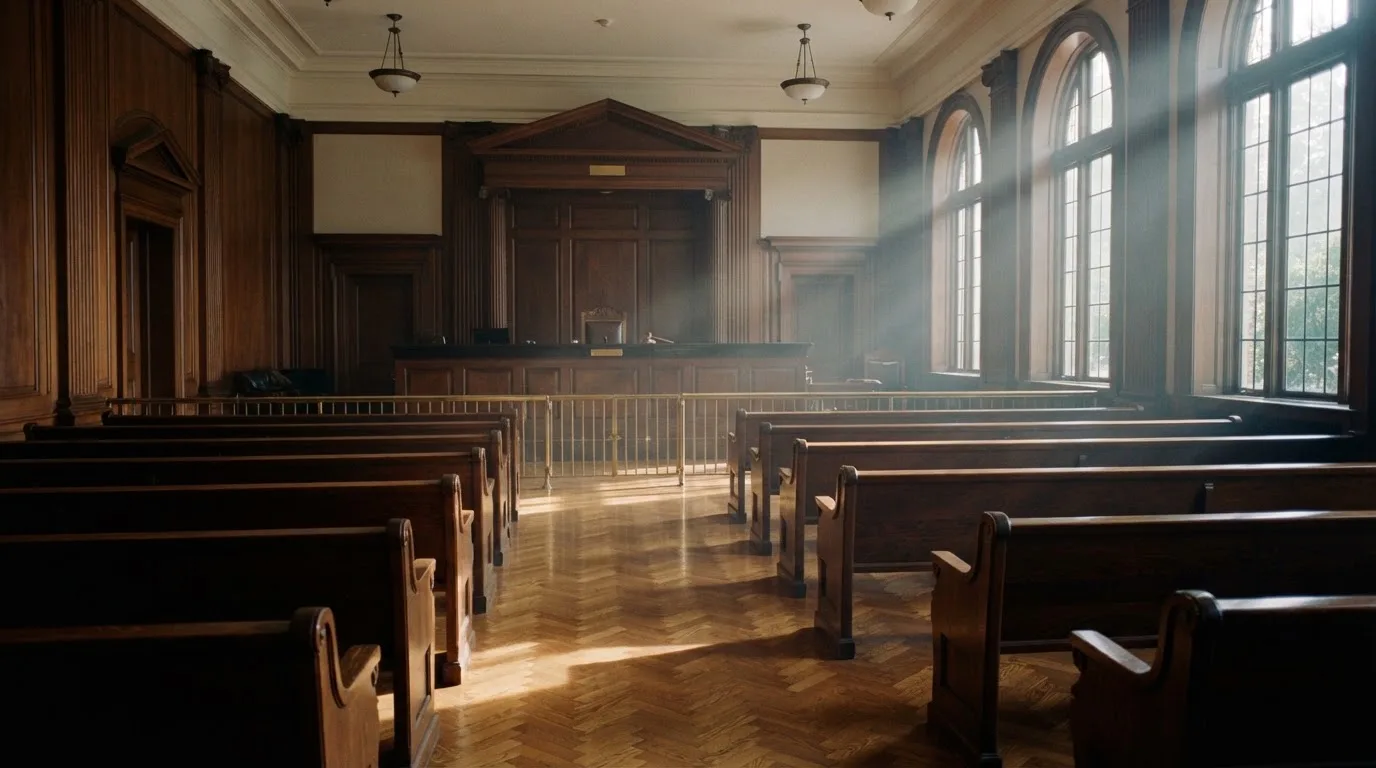 Una sala de tribunal vacía con bancos de madera a la luz de la mañana
