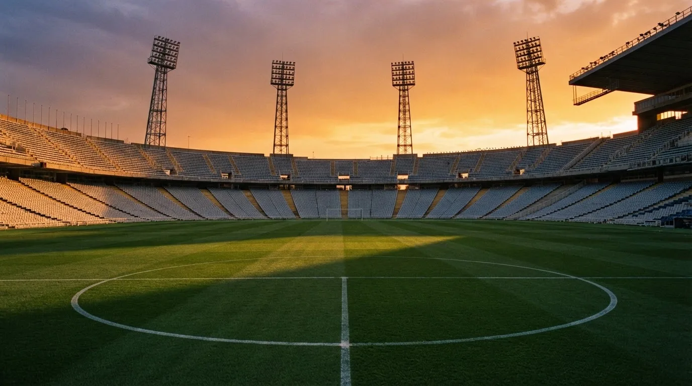 Un estadio de fútbol vacío con torres de iluminación al atardecer