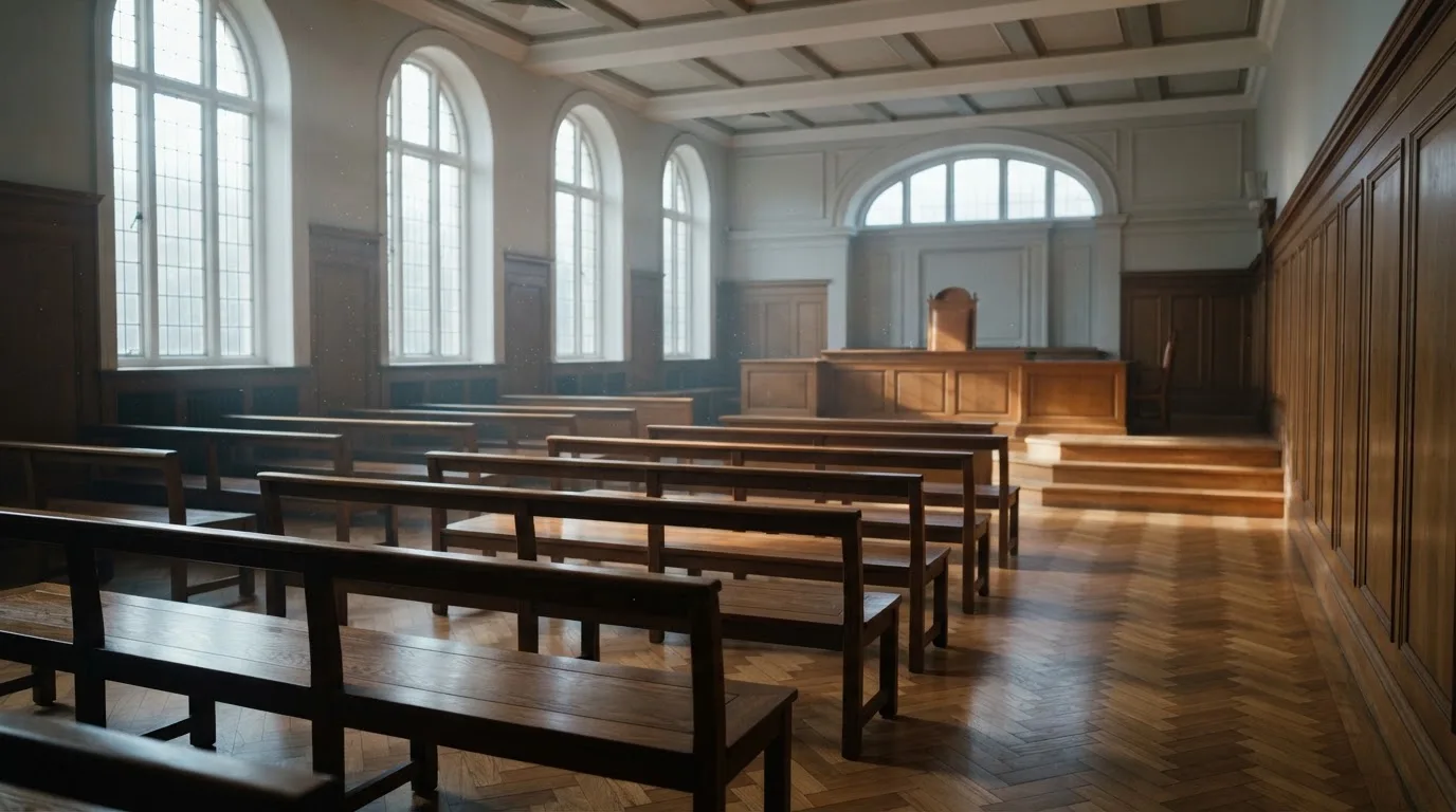 Una sala de tribunal vacía con bancos de madera a la luz de la mañana