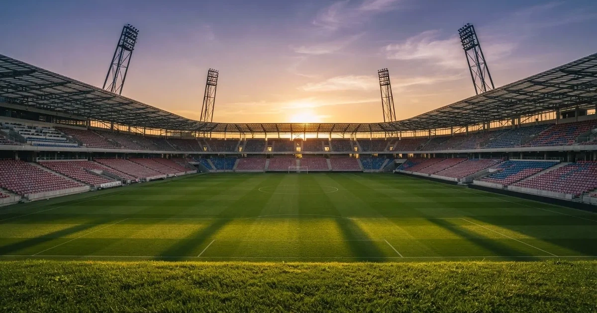 Un estadio de fútbol vacío con torres de iluminación al atardecer