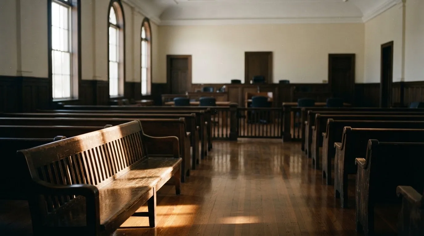 Una sala de tribunal vacía con bancos de madera a la luz de la mañana