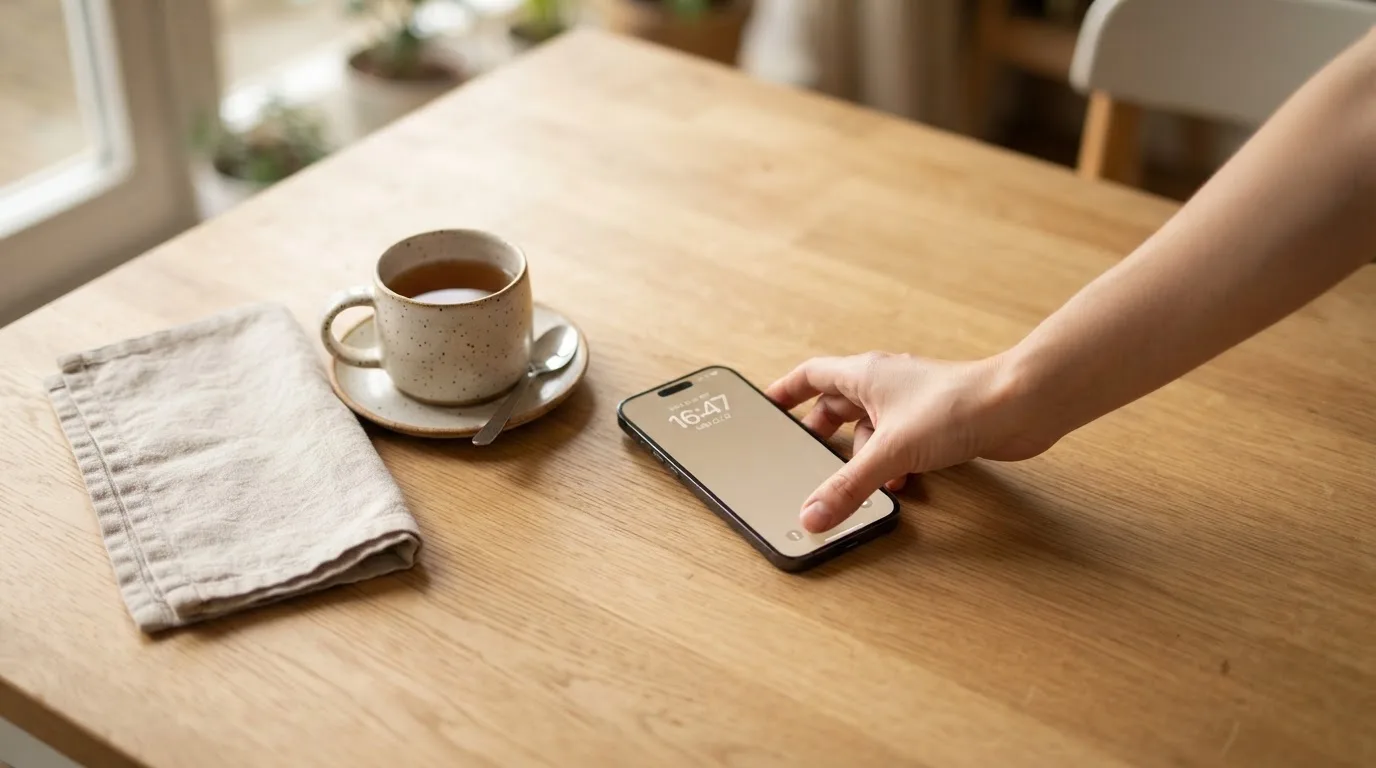 Una mano deja un móvil junto a una taza de té sobre la mesa de la cocina, una tarde tranquila