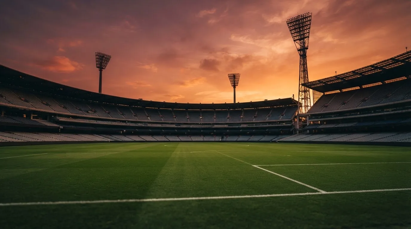 Un estadio de fútbol vacío con torres de iluminación al atardecer