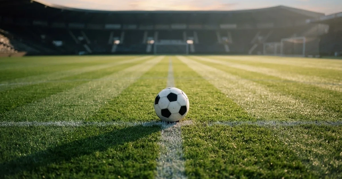 Un balón en el punto central de un campo de césped a la luz de la mañana