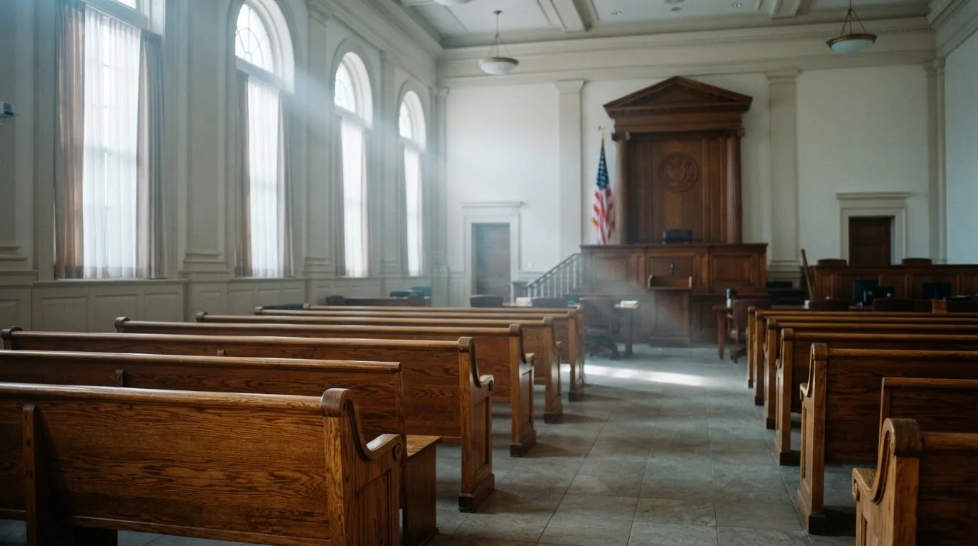 Una sala de tribunal vacía con bancos de madera a la luz de la mañana