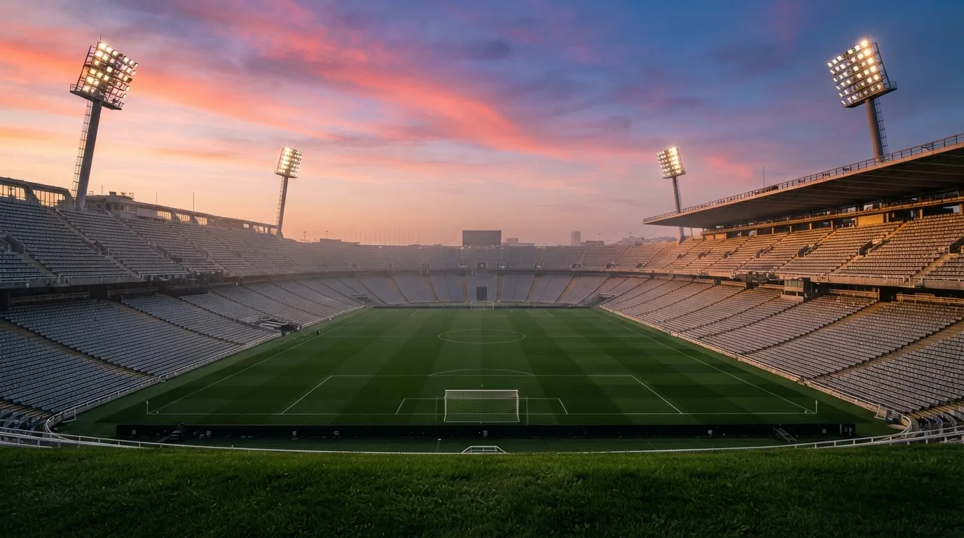 Un estadio de fútbol vacío con torres de iluminación al atardecer