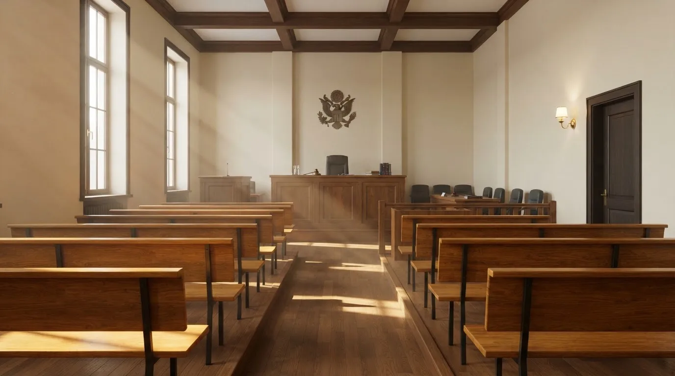 Una sala de tribunal vacía con bancos de madera a la luz de la mañana