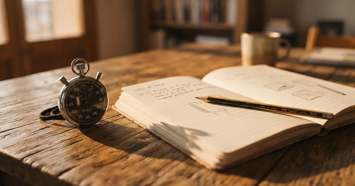 Un cuaderno abierto con un lápiz y un cronómetro sobre una mesa de madera