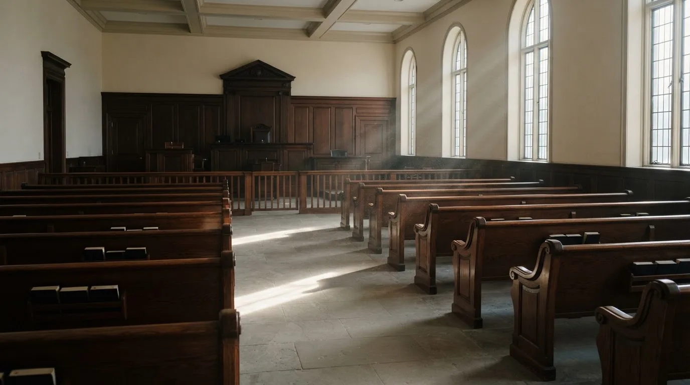 Una sala de tribunal vacía con bancos de madera a la luz de la mañana