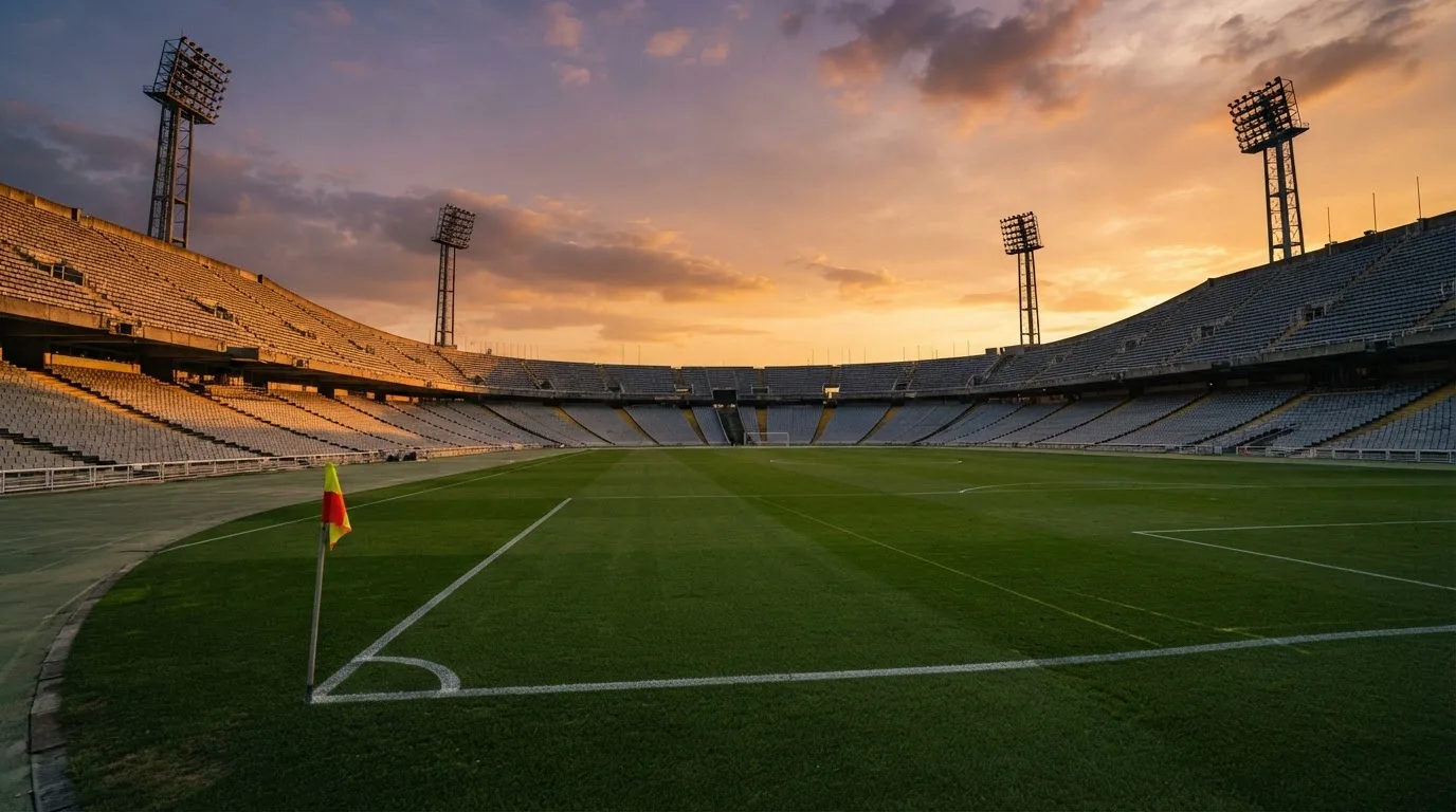 Un estadio de fútbol vacío con torres de iluminación al atardecer