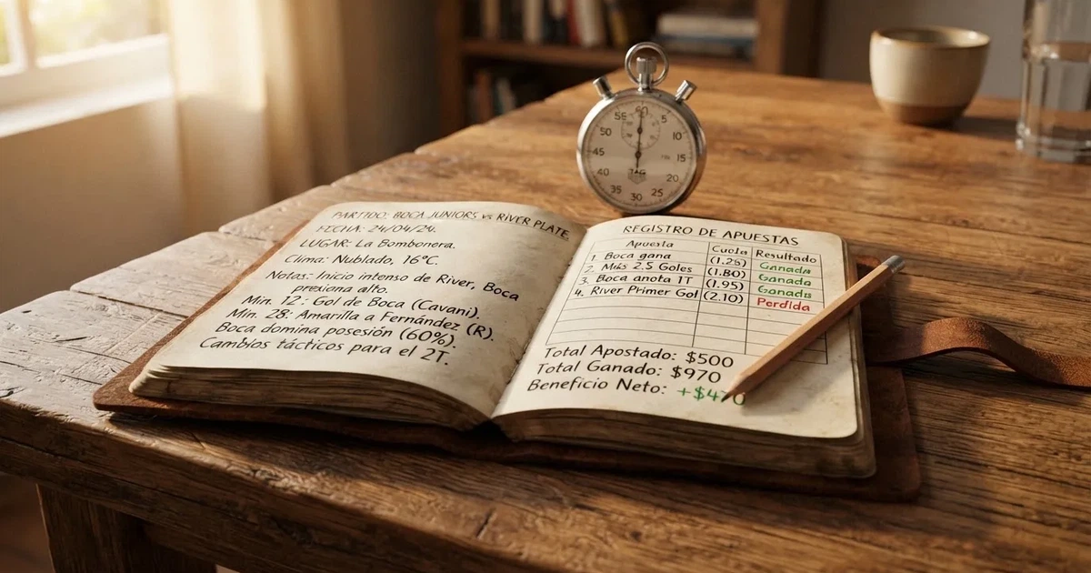 Un cuaderno abierto con un lápiz y un cronómetro sobre una mesa de madera