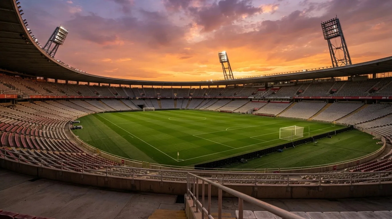 Un estadio de fútbol vacío con torres de iluminación al atardecer
