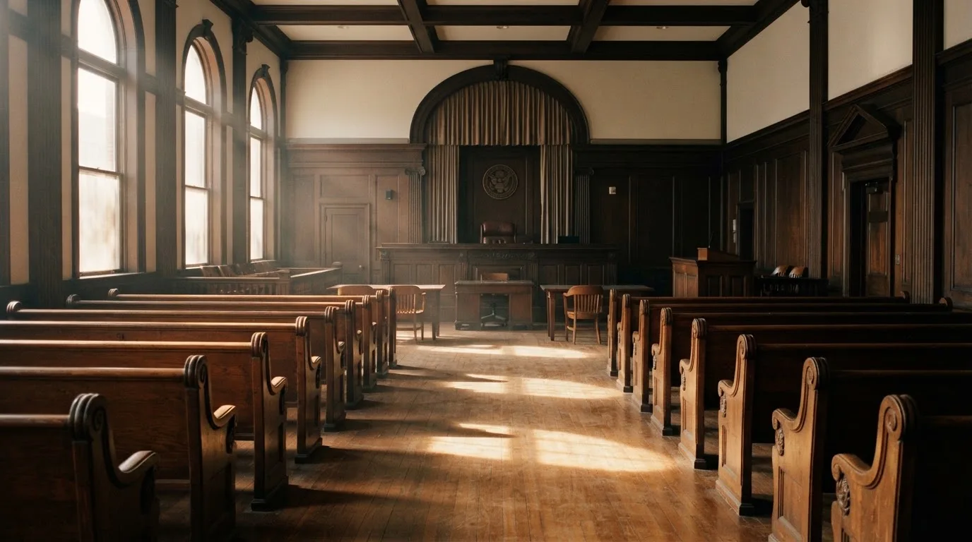 Una sala de tribunal vacía con bancos de madera a la luz de la mañana