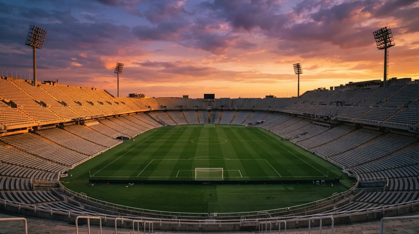 Un estadio de fútbol vacío con torres de iluminación al atardecer