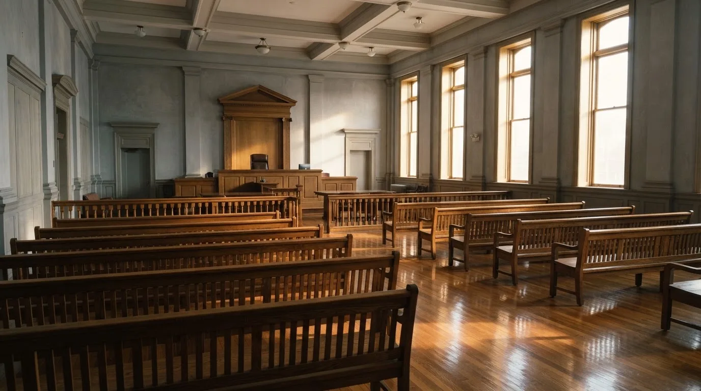 Una sala de tribunal vacía con bancos de madera a la luz de la mañana