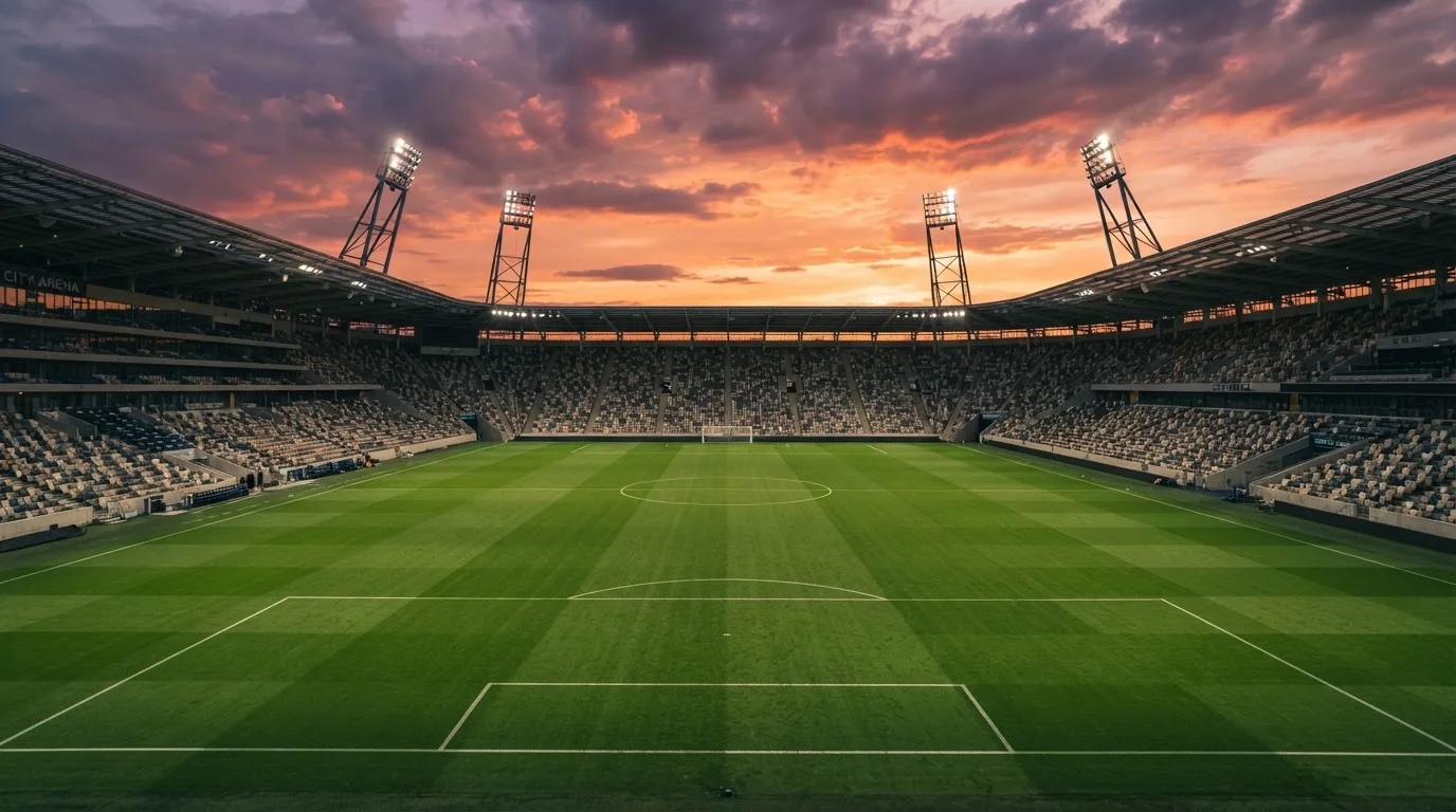 Un estadio de fútbol vacío con torres de iluminación al atardecer