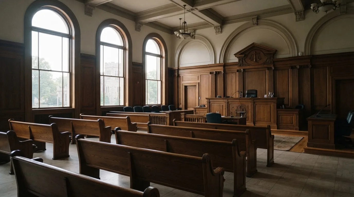 Una sala de tribunal vacía con bancos de madera a la luz de la mañana